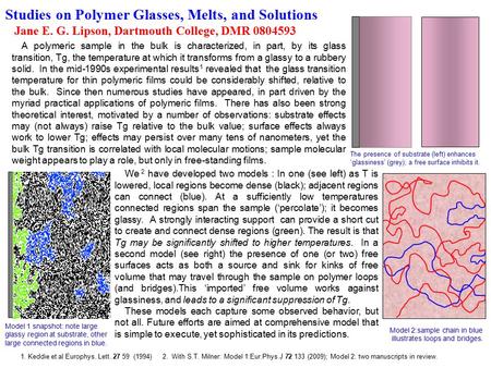 Studies on Polymer Glasses, Melts, and Solutions Jane E. G. Lipson, Dartmouth College, DMR 0804593 A polymeric sample in the bulk is characterized, in.