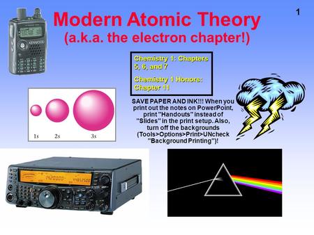 1 Modern Atomic Theory (a.k.a. the electron chapter!) Chemistry 1: Chapters 5, 6, and 7 Chemistry 1 Honors: Chapter 11 SAVE PAPER AND INK!!! When you.