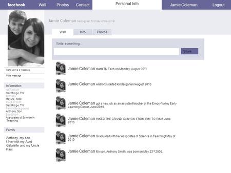 Facebook Jamie Coleman had a great first day of class!! WallPhotosContactJamie ColemanLogout Send Jamie a message Poke message Wall InfoPhotos Write something…
