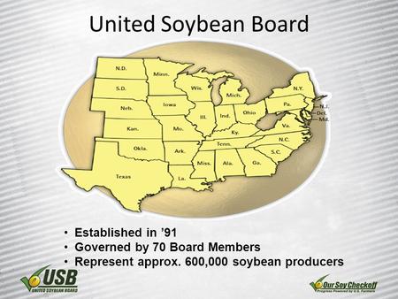 United Soybean Board Established in ’91 Governed by 70 Board Members Represent approx. 600,000 soybean producers.