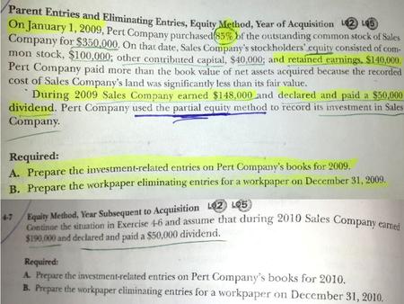 Exercise 4-6 Part A: Journal Entries Investment in Sales 350,000 Cash 350,000 Investment in Sales ($148,000)(.85)125,800 Equity in Subsidiary Income 125,800.