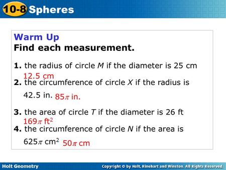 Warm Up Find each measurement.