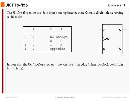 Counters Computer Organization I 1 June 2010 ©2006-10 McQuain, Feng & Ribbens JK Flip-flop The JK flip-flop takes two data inputs and updates its.