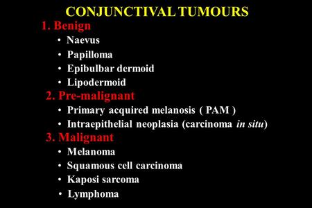 CONJUNCTIVAL TUMOURS 1. Benign 2. Pre-malignant 3. Malignant Naevus