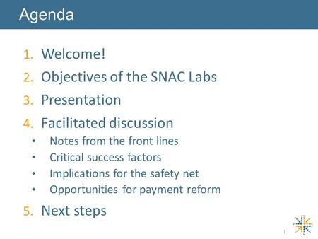 1. Welcome! 2. Objectives of the SNAC Labs 3. Presentation 4. Facilitated discussion Notes from the front lines Critical success factors Implications for.