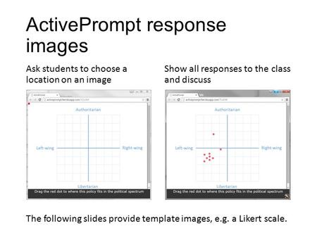 ActivePrompt response images Ask students to choose a location on an image Show all responses to the class and discuss The following slides provide template.