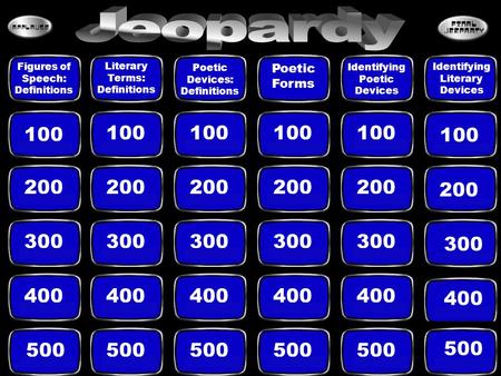 Jeopardy Figures of Speech: Definitions Literary Terms: Definitions