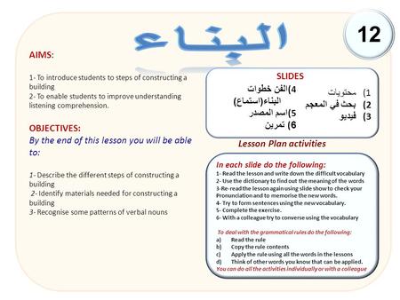 12 Lesson Plan activities In each slide do the following: 1- Read the lesson and write down the difficult vocabulary 2- Use the dictionary to find out.