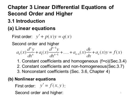 1 Chapter 3 Linear Differential Equations of Second Order and Higher 3.1 Introduction (a) Linear equations Second order and higher 1.Constant coefficients.