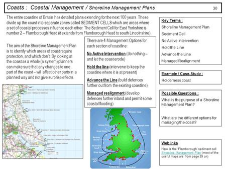 Coasts : Coastal Management / Shoreline Management Plans Key Terms : Shoreline Management Plan Sediment Cell No Active Intervention Hold the Line Advance.