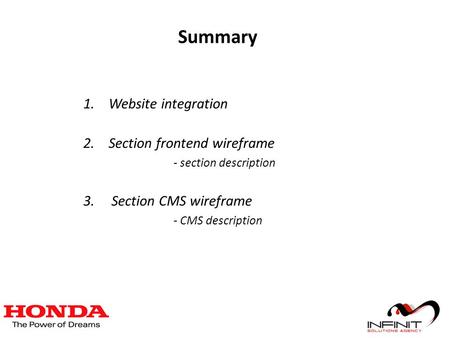 Summary 1.Website integration 2.Section frontend wireframe - section description 3. Section CMS wireframe - CMS description.