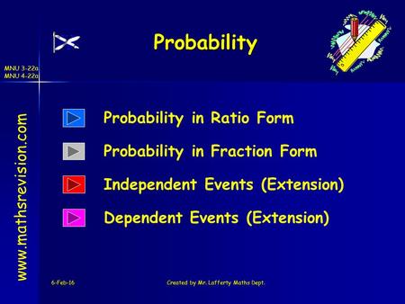 MNU 3-22a MNU 4-22a 6-Feb-16Created by Mr. Lafferty Maths Dept. Probability www.mathsrevision.com Probability in Ratio Form Independent Events (Extension)