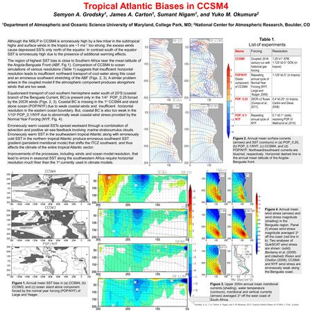 Tropical Atlantic Biases in CCSM4 Semyon A. Grodsky 1, James A. Carton 1, Sumant Nigam 1, and Yuko M. Okumura 2 1 Department of Atmospheric and Oceanic.