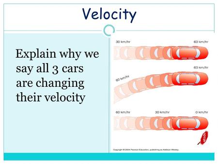 Velocity Explain why we say all 3 cars are changing their velocity.