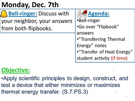 Monday, Dec. 7th 1 Bell-ringer: Discuss with your neighbor, your answers from both flipbooks. Agenda: Bell-ringer Go over “Flipbook” answers “Transferring.