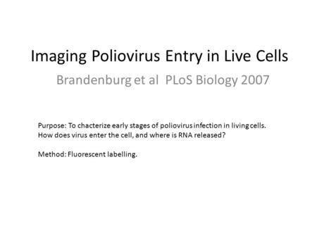 Imaging Poliovirus Entry in Live Cells Brandenburg et al PLoS Biology 2007 Purpose: To chacterize early stages of poliovirus infection in living cells.