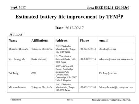 Submission doc.: IEEE 802.11-12/1065r0 Sept. 2012 Shusaku Shimada Yokogawa Electric Co. Slide 1 Estimated battery life improvement by TFM 2 P Date: 2012-09-17.