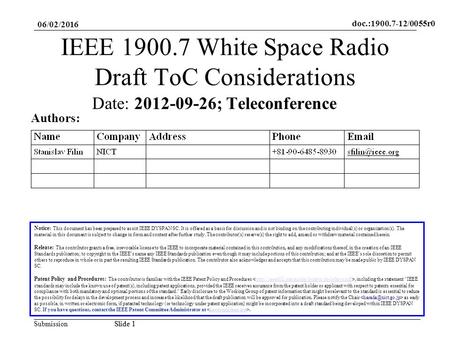 Doc.:1900.7-12/0055r0 SubmissionSlide 1 06/02/2016 Slide 1 IEEE 1900.7 White Space Radio Draft ToC Considerations Notice: This document has been prepared.