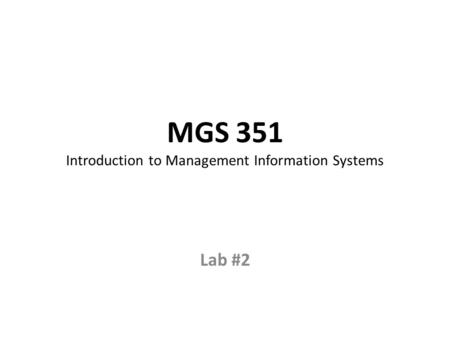 MGS 351 Introduction to Management Information Systems