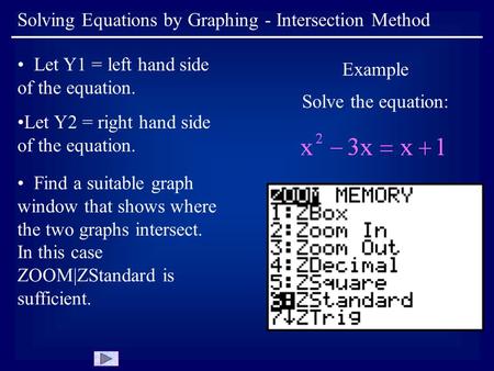 Solving Equations by Graphing - Intersection Method Let Y1 = left hand side of the equation. Let Y2 = right hand side of the equation. Example Solve the.