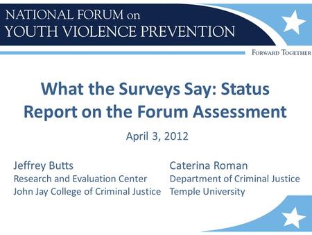 What the Surveys Say: Status Report on the Forum Assessment April 3, 2012 Jeffrey ButtsCaterina Roman Research and Evaluation CenterDepartment of Criminal.