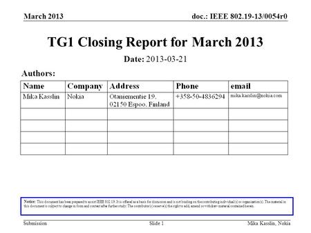 Doc.: IEEE 802.19-13/0054r0 Submission March 2013 Mika Kasslin, NokiaSlide 1 TG1 Closing Report for March 2013 Notice: This document has been prepared.