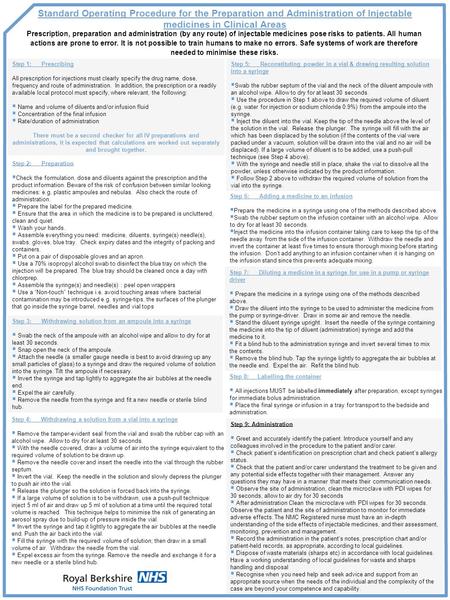 Standard Operating Procedure for the Preparation and Administration of Injectable medicines in Clinical Areas Prescription, preparation and administration.