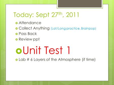 Today: Sept 27 th, 2011  Attendance  Collect Anything (Lat/Long practice, Brainpop)  Pass Back  Review ppt  Unit Test 1  Lab # 6 Layers of the Atmosphere.