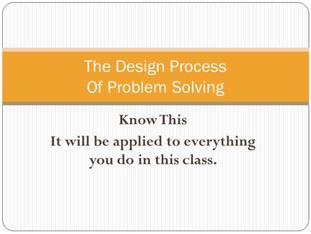 Know This It will be applied to everything you do in this class. The Design Process Of Problem Solving.