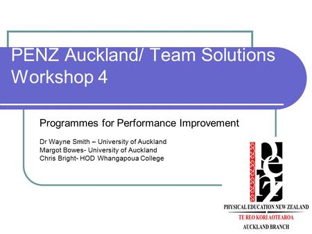 PENZ Auckland/ Team Solutions Workshop 4 Programmes for Performance Improvement Dr Wayne Smith – University of Auckland Margot Bowes- University of Auckland.