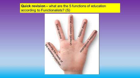 Serving the needs of the economy/selection Social control Social cohesion (political) Social mobility Secondary socialization Quick revision – what are.