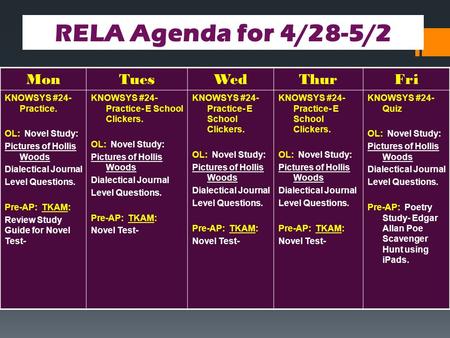 MonTuesWedThurFri KNOWSYS #24- Practice. OL: Novel Study: Pictures of Hollis Woods Dialectical Journal Level Questions. Pre-AP: TKAM: Review Study Guide.