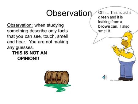 Observation Observation: when studying something describe only facts that you can see, touch, smell and hear. You are not making any guesses. THIS IS.