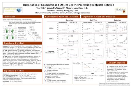 Dissociation of Egocentric and Object-Centric Processing in Mental Rotation Tao, W.D. 1, Yan, J.J. 1, Wang, P. 1, Zhou, L. 1, and Sun, H-J. 2 1 Southwest.