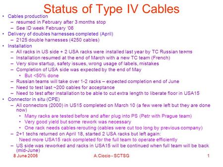 8 June 2006A.Ciocio - SCTSG1 Status of Type IV Cables Cables production –resumed in February after 3 months stop –See ID week February ‘06 Delivery of.