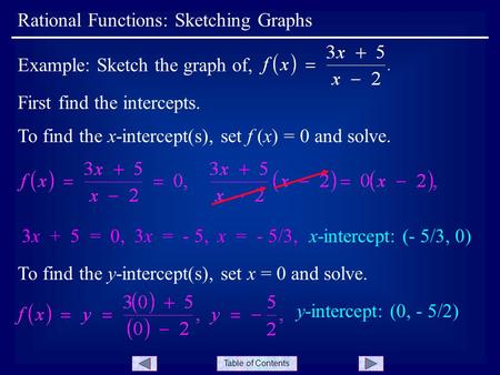 Table of Contents Rational Functions: Sketching Graphs Example: Sketch the graph of, First find the intercepts. To find the x-intercept(s), set f (x) =