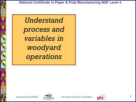 1 Commissioned by PAMSA and German Technical Co-Operation National Certificate in Paper & Pulp Manufacturing NQF Level 4 Understand process and variables.