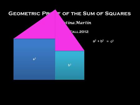 Geometric Proof of the Sum of Squares by Christina Martin Math 310, Fall 2012 a2a2 + b 2 = c 2 a2a2 a2a2 b2b2 b2b2.