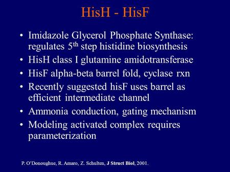 HisH - HisF Imidazole Glycerol Phosphate Synthase: regulates 5 th step histidine biosynthesis HisH class I glutamine amidotransferase HisF alpha-beta barrel.