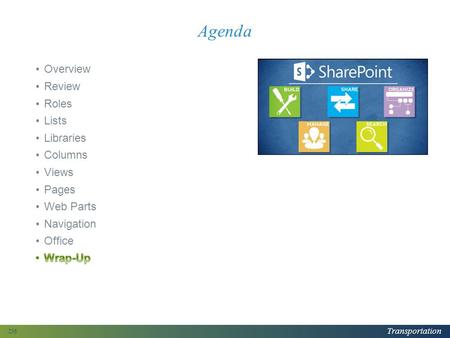 Transportation Agenda 236. Transportation Wrap-Up of Goals You are comfortable with the Designer tasks covered in this class You understand the division.