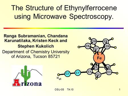 OSU-05 TA 101 The Structure of Ethynylferrocene using Microwave Spectroscopy. Ranga Subramanian, Chandana Karunatilaka, Kristen Keck and Stephen Kukolich.