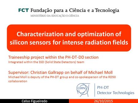 Celso Figueiredo26/10/2015 Characterization and optimization of silicon sensors for intense radiation fields Traineeship project within the PH-DT-DD section.