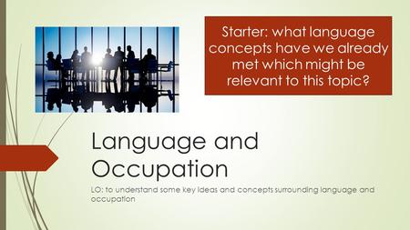 Language and Occupation LO: to understand some key ideas and concepts surrounding language and occupation Starter: what language concepts have we already.