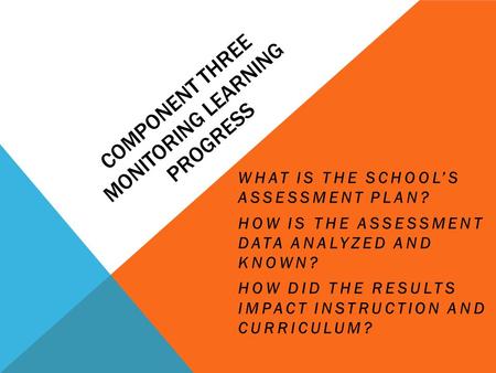 COMPONENT THREE MONITORING LEARNING PROGRESS WHAT IS THE SCHOOL’S ASSESSMENT PLAN? HOW IS THE ASSESSMENT DATA ANALYZED AND KNOWN? HOW DID THE RESULTS IMPACT.