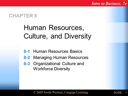 Intro to Business, 7e © 2009 South-Western, Cengage Learning SLIDE1 CHAPTER 8 8-1 8-1Human Resources Basics 8-2 8-2Managing Human Resources 8-3 8-3Organizational.