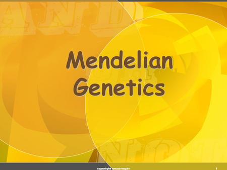 1 Mendelian Genetics copyright cmassengale 2 Gregor Mendel (1822-1884) Responsible for the Laws governing Inheritance of Traits copyright cmassengale.