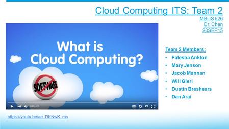 Cloud Computing ITS: Team 2 MBUS 626 Dr. Chen 28SEP15 https://youtu.be/ae_DKNwK_ms Team 2 Members: Falesha Ankton Mary Jenson Jacob Mannan Will Gieri Dustin.