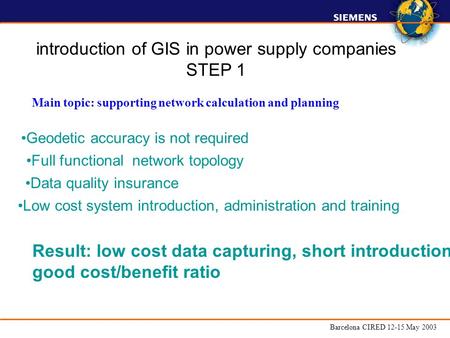 Barcelona CIRED 12-15 May 2003 Data quality insurance Geodetic accuracy is not required Main topic: supporting network calculation and planning Full functional.