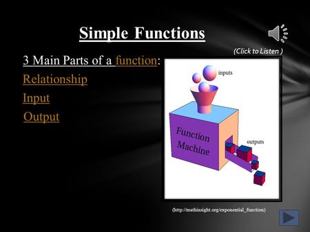 Simple Functions 3 Main Parts of a function:function Input Relationship Output (http://mathinsight.org/exponential_function) (Click to Listen )