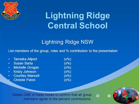 Lightning Ridge NSW List members of the group, roles and % contribution to the presentation Tameika Allport(x%) Susan Barta(x%) Michelle Grogan(x%) Kristy.